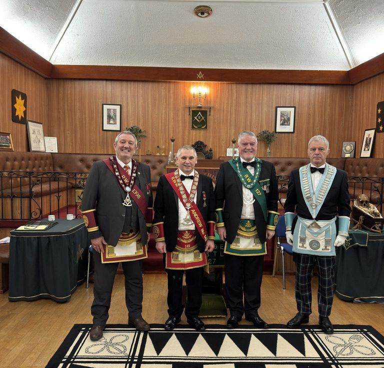 Pictured: From Left: RWM Bro. Bobby McCorriston, 1398, RWM Bro. Colin Gunn, 149, RWM Bro. Angus MacDonald, 127 and WM Bro. Alex Anderson, Dorset Fairway Lodge No. 9546 visiting the area with a fellow Brother from the English Constitution. Although Alex now calls Dorset home, he hails from Kilmaurs and went to school in Stewarton.