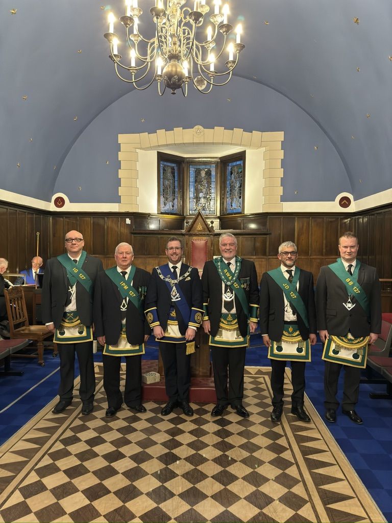 In attendance were: From left - Bro. Gabriel Ritchie, Bro. Ian Hamilton IPM, Bro. Jonathan Murphy RWM No. 7, Bro. Angus MacDonald RWM, Bro. Brendan Montgomery JD and Bro. Alistair Logan.