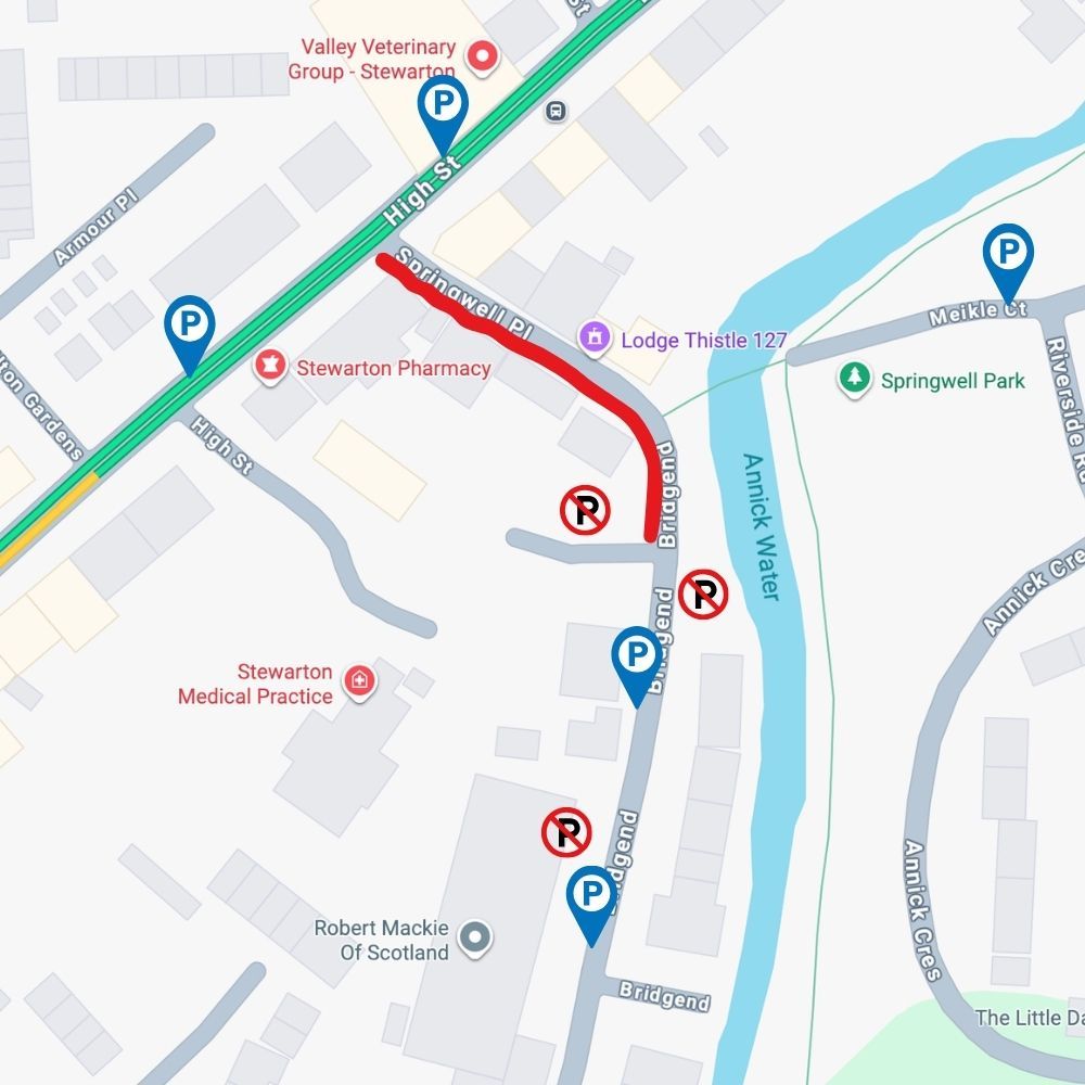 Map of the lodge and nearby parking in Stewarton